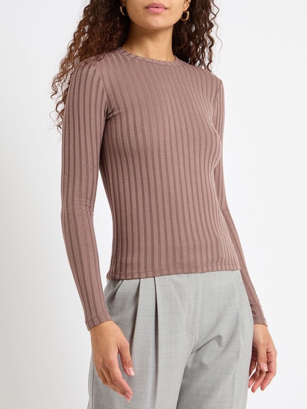 Reiss Mocha Carmen Ribbed Long Sleeve Top